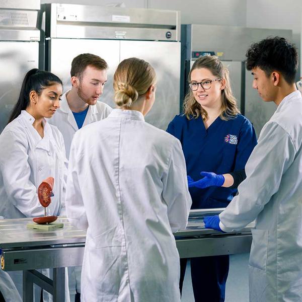 Medicine students in an anatomy demonstration with Lauren Clunie